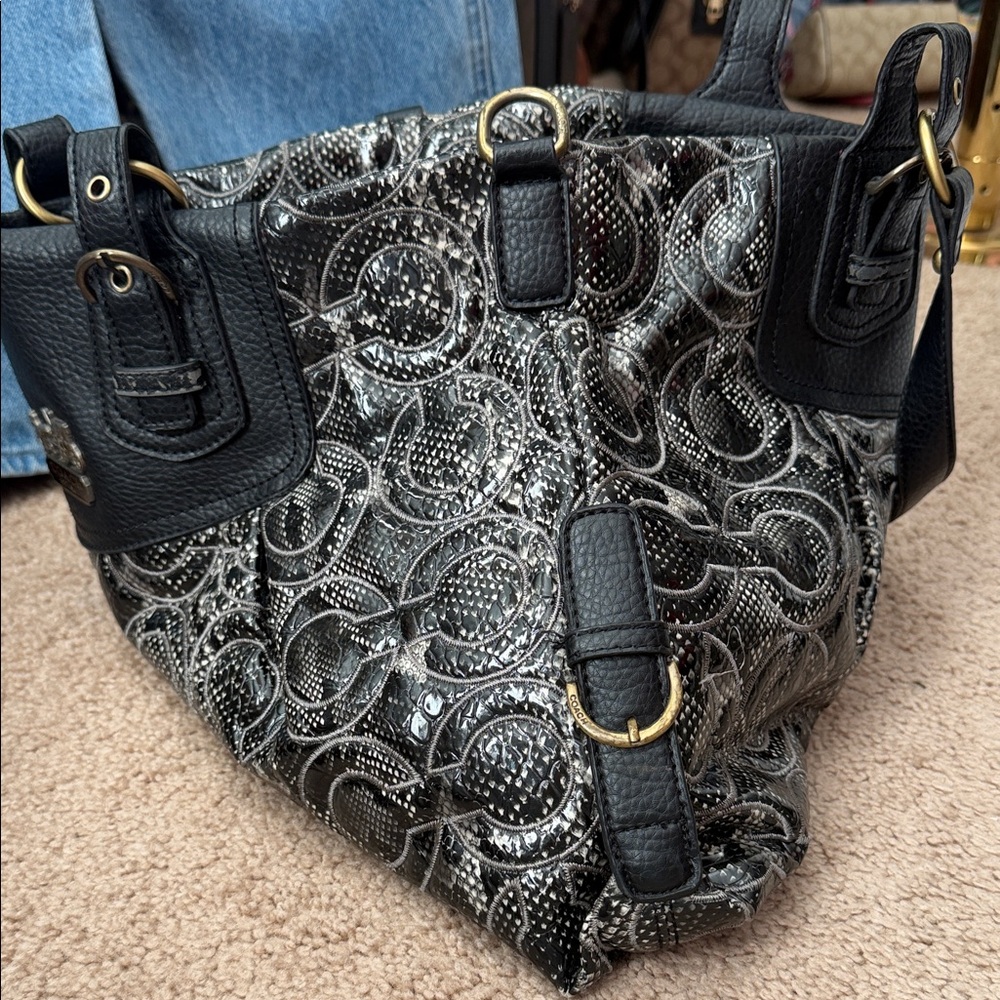 Coach Signature Embossed Tote Bag 14578 Black Gray Leather Trim Gold Hardware - Picture 15 of 17